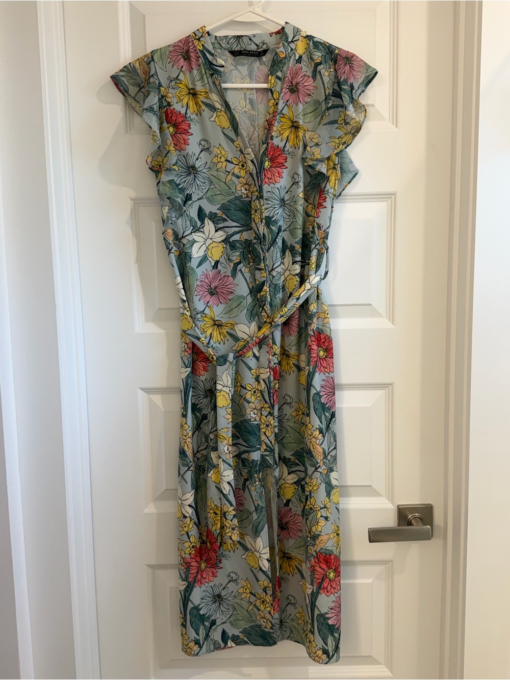 Zara Floral Tie Waist Midi Dress
